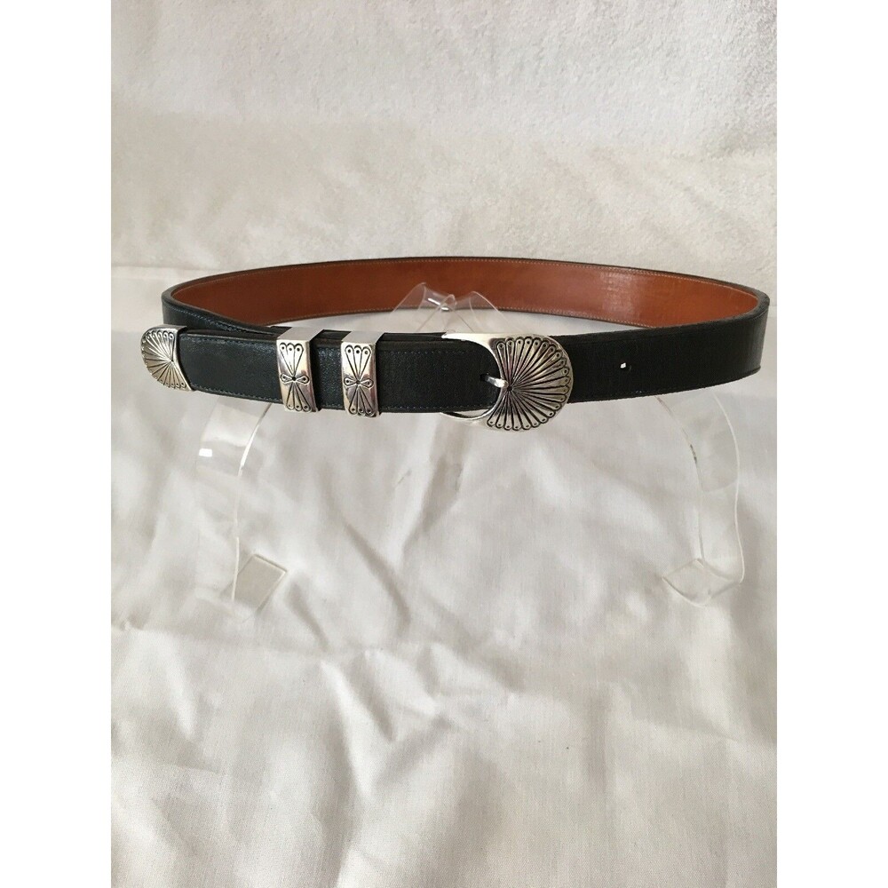 NAVAJO DAN OLIVER Leather Navy STERLING SILVER Belt Buckle Size 27-29